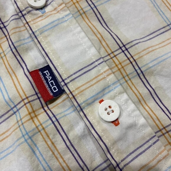 Paco Jeans Vintage Plaid Embroidered Button Down White Tan Blue Kids Size XL - Picture 5 of 11
